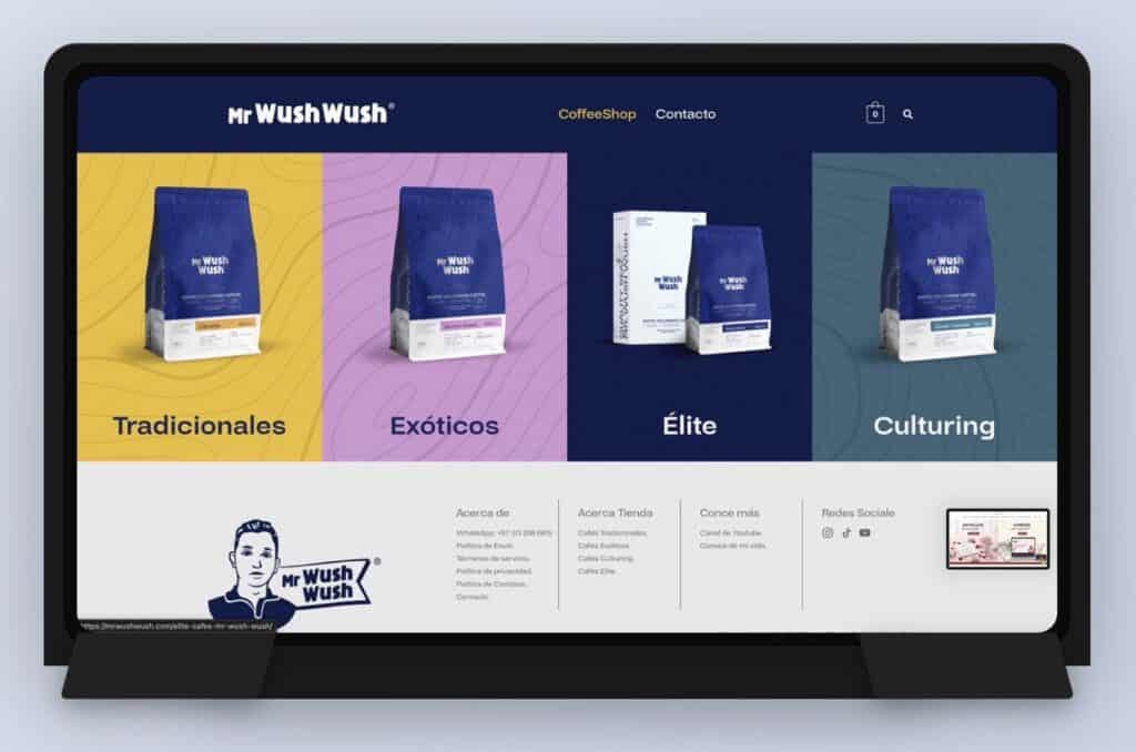 Pantalla de ordenador mostrando tienda online de Mr Wush Wush con diferentes tipos de café.