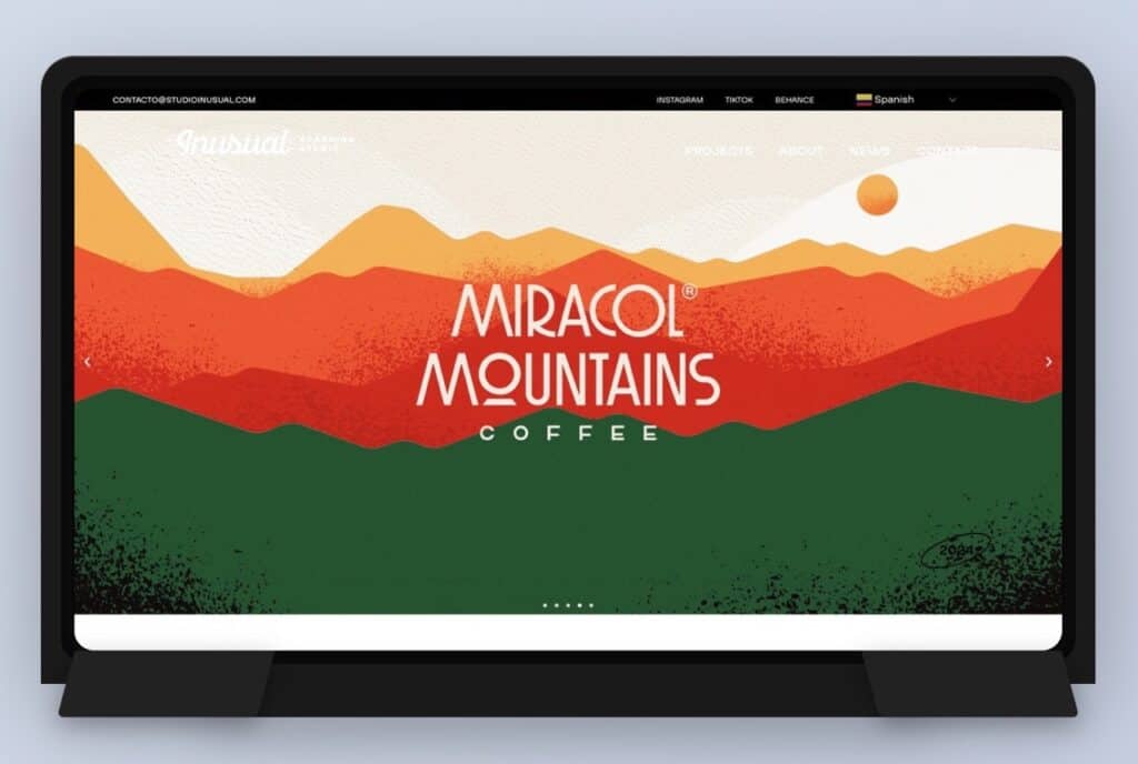 Pantalla con logo de Miracol Mountains Coffee y paisaje de montañas.