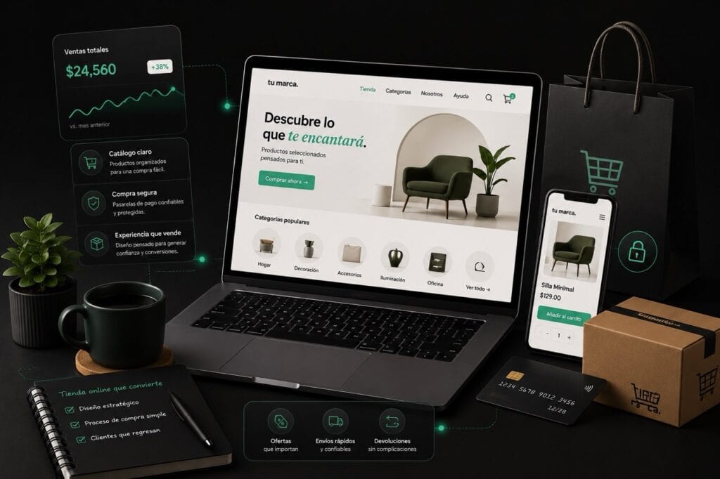 Mockup de tienda online en WordPress y WooCommerce mostrado en laptop, con diseño oscuro y panel de estadísticas de ventas
