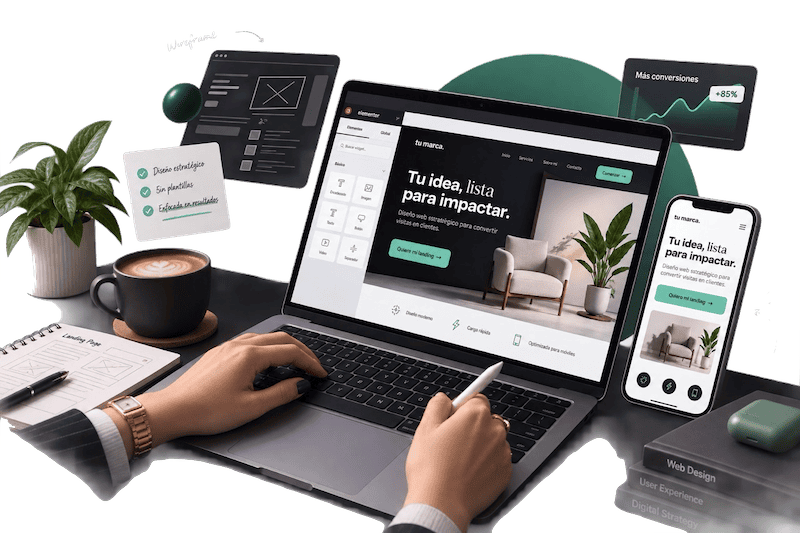 Persona escribiendo en laptop con mockup de landing page en pantalla, texto "tu idea, lista para impactar"