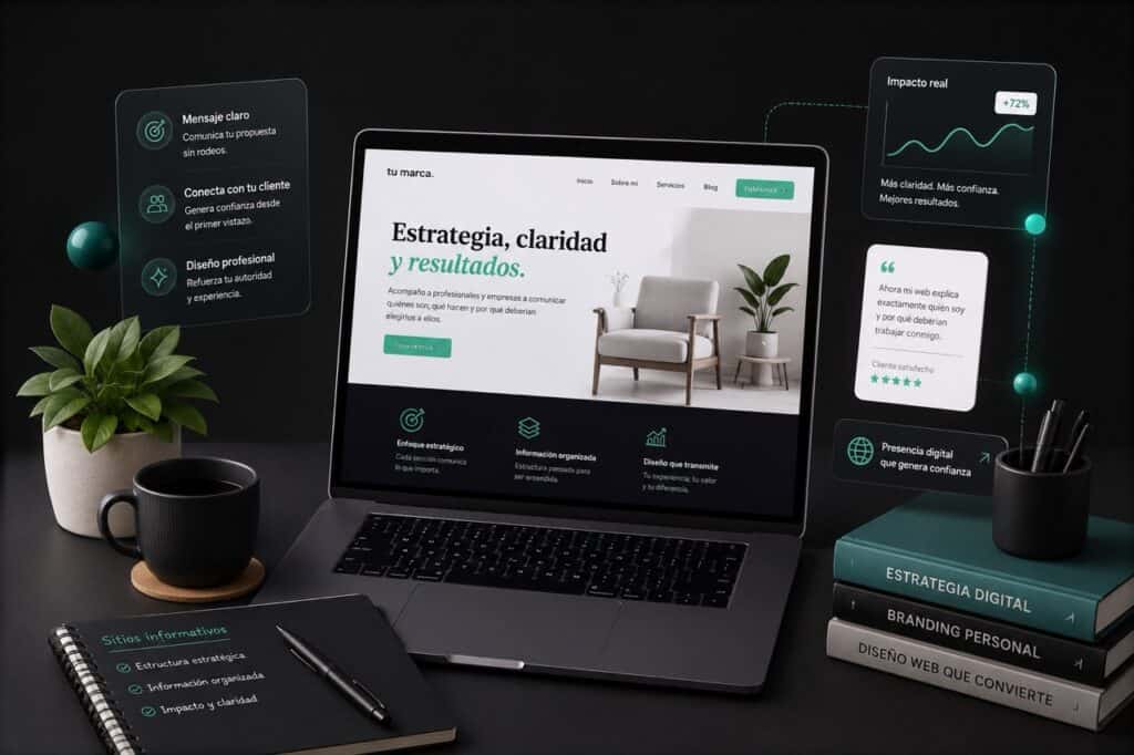 Mockup de sitio informativo en WordPress con Elementor Pro, mostrado en tablet, con texto "estrategia, claridad y resultados"